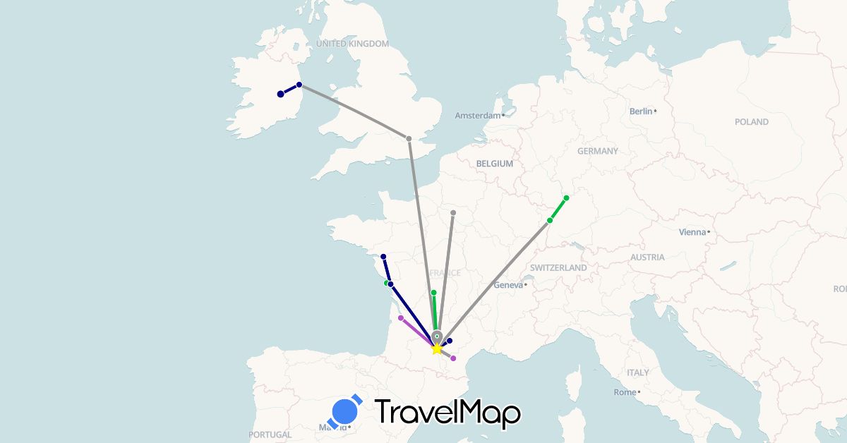 TravelMap itinerary: driving, bus, plane, train in Germany, France, United Kingdom, Ireland (Europe)